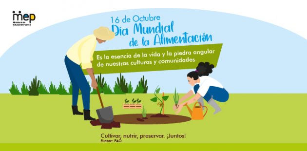 Afiche digital con la ilustración de una pareja en una huerta, sembrando.