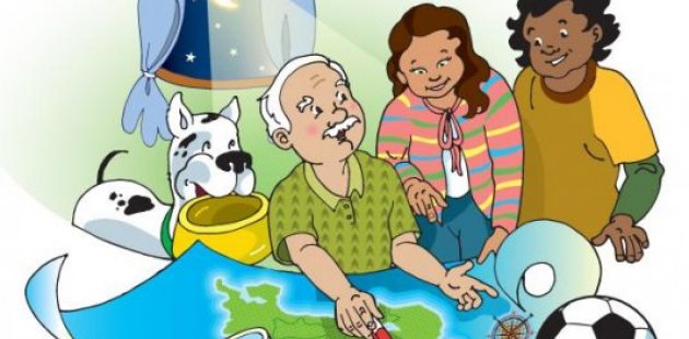 Dos jóvenes en casa estudiando con su abuelo y un perro