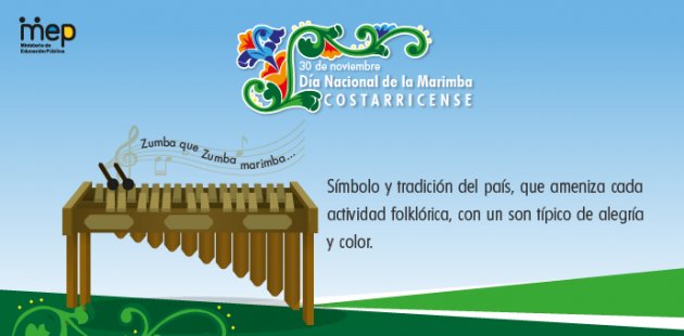 Se ilustra una marimba con diseño folklórico costarricense diciendo "Zumba que..