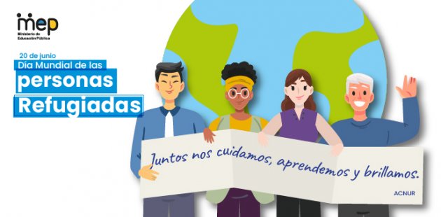 Afiche con personas de diferentes nacionalidades sosteniendo un banner.