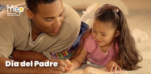 Afiche que muestra a un papá con su hija pintando o estudiando.