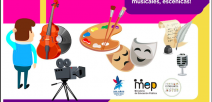Niño, violín, cámara de video, teatro, pinceles.