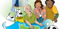 Dos jóvenes en casa estudiando con su abuelo y un perro