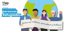 Afiche con personas de diferentes nacionalidades sosteniendo un banner.