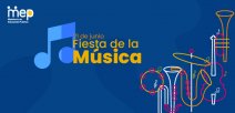 afiche con fondo azul, con símbolos de instrumentos musicales.