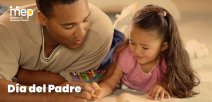Afiche que muestra a un papá con su hija pintando o estudiando.
