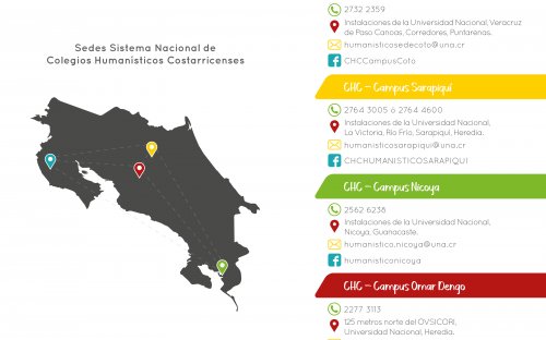 Mapa de Costa Rica donde se destacan las sedes de los Colegios Humanísticos